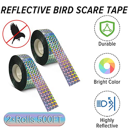 MP Mypole Bird Scare Tape - 2 x 500ft Reflective Flash Tape for Birds, Woodpeckers, Outdoor, House, Garden, Patio, Orchard - size: 500ft*2
