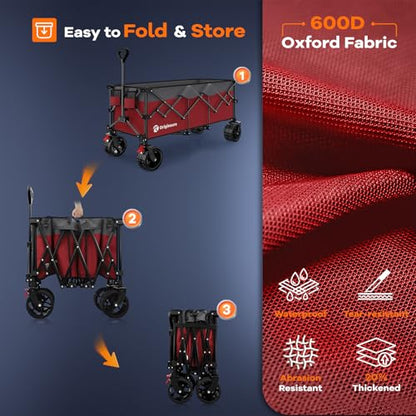 Originsure 300L Foldable Beach Wagon Cart with Big Wheels, 560lbs, Grey&Red - color: Red&grey