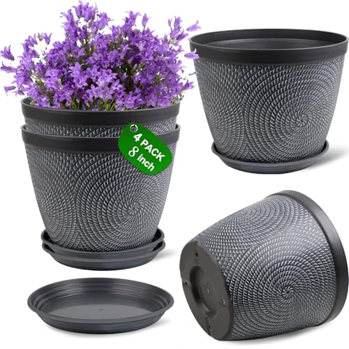 Quarut 4 Pack 8 Inch Flower Pots,Plastic Plant Pots with Drainage Hole&Tray - color: Gray, size: 8 Inch