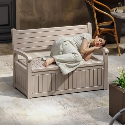 EasyUp 100 Gallon Wood-Grain Storage Bench, Waterproof & Lockable，Beige - color: Beige, size: 100 Gallon