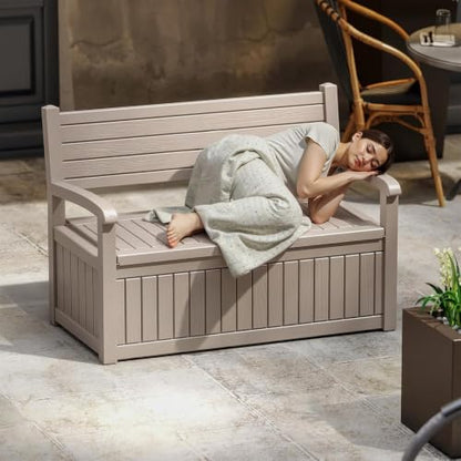 EasyUp 100 Gallon Wood-Grain Storage Bench, Waterproof & Lockable，Beige - color: Beige, size: 100 Gallon