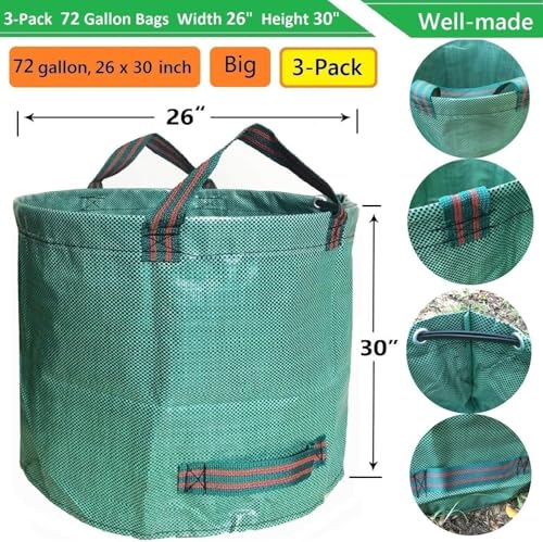 Professional 3-Pack 72 Gallon Lawn Garden Bags Big (D26,H30 in) Reusable Yard Waste Bags with Gardening Gloves for Leaf Bag,Lawn Clippings,Hedge Pruning,Tree Trimmings,Yard Debris,Weeds Bag 4 Handles