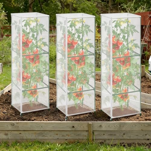 3 Pcs Garden Bird Barrier Plant Cover 55" x 16.5"- Fit Square Support (Max 15" D x 59" H) Tomato Cage Net with Zipper & Drawstring Foldable Trellis Guard Cover Bag for Protecting Plant - size: 55" x 16.5"