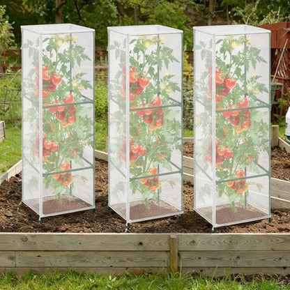 3 Pcs Garden Bird Barrier Plant Cover 55" x 16.5"- Fit Square Support (Max 15" D x 59" H) Tomato Cage Net with Zipper & Drawstring Foldable Trellis Guard Cover Bag for Protecting Plant - size: 55" x 16.5"