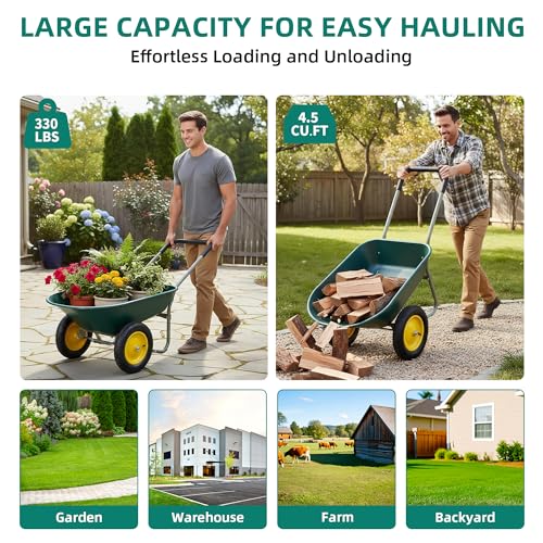 Autodaya Dual-Wheel Garden Cart, 14" Pneumatic Tires & Built-in Stand, 4.5 Cu Ft Utility Yard Wheelbarrow for Gardening, Soil, Construction, Easy Assembly - color: 330lb|dark Green-4.5 Cu Ft