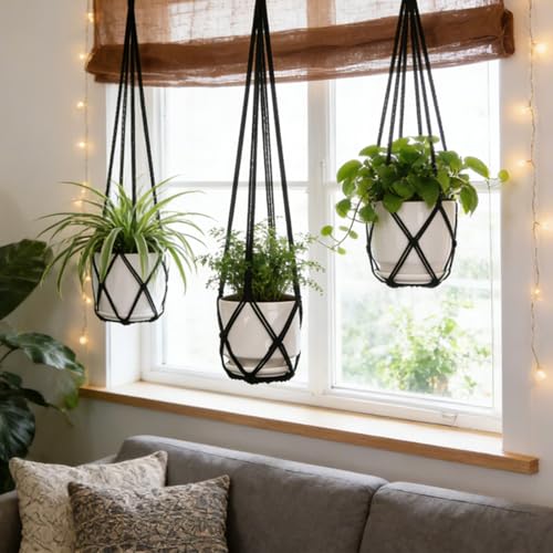 YIBOT Black Macrame Plant Hanger Indoor Hanging Planter Basket - color: Black, size: 35+29+23Inch
