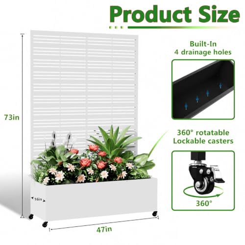 Metal Planter Box with Trellis Privacy Screen, Raised Garden Bed with Trellis & Wheels, Privacy Planters for Patio, Planter Box for Climbing Plants, Flower, 73"x 47"x 16", White Line - color: White Line, size: 73"x 47"x 16"