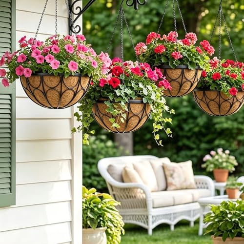 4 Pack 14 Inch Hanging Planters for Outdoor Plants，Large Wire Flower Hanging Basket with Coco Liners for Balconies, Patios, Porch, Terraces Decor - size: 14