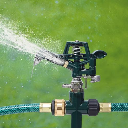 Biswing 2 Pack Impact Sprinkler Head on Metal Step Spike, Heavy Duty Zinc Alloy Lawn Sprinkler, Adjustable Coverage Nozzle on Sturdy Spike Base, 360 Degree Large Area Irrigation, Green - color: Green