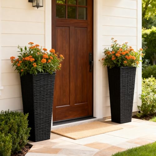 Festnight 32in Large Planters for Outdoor Plants, Outside Tall Black Planters Set of 2, Resin Front Porch Planters, Outdoor Planters for Porch Backyard Patio, Garden Flower Pots, 11.69x11.69x32.28in - size: 11.69x11.69x32.28in