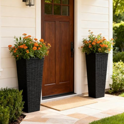Tall Planter for Outdoor Plants Set of 2 | 32" Front Porch Planters Tall Resin Planters with Rattan Texture，Inner Pots Drainage Holes for Trees,Porch,Garden,Yard,Black