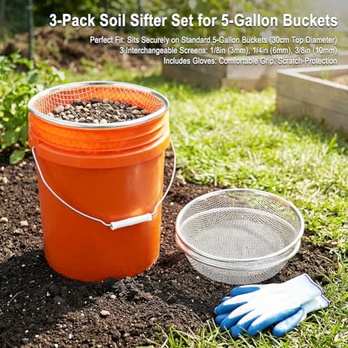3Pcs Soil Sifter Sieve,3 Mesh Sizes (1/8", 1/4", 3/8") Heavy Duty Galvanized Steel Compost Sieve for 5 Gallon Bucket,Round Garden Sifter for Compost, Dirt, Rocks, Gravel & Garden