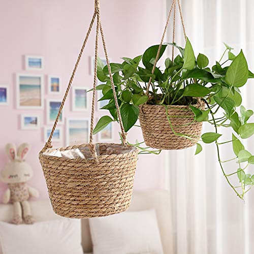 Hanging Planters for Indoor Plants, Hanging Planter with Jute Rope Woven Hanging Flower Pots Hanging Plant Holder Hanging Basket Retro Style Straw Basket for Office Party (1 Pack)