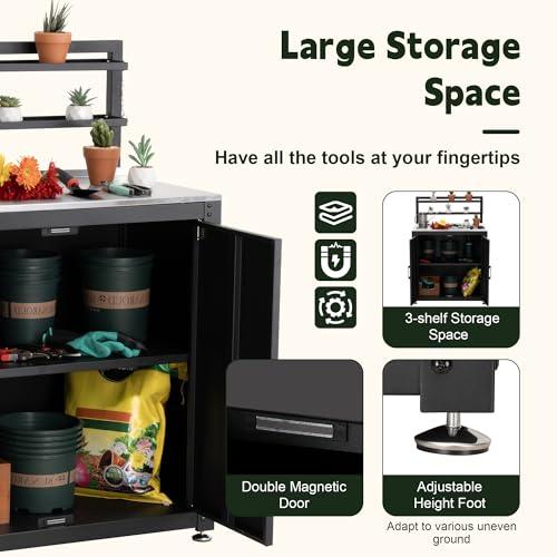 FEASTO Outdoor Potting Bench Table with Storage Cabinet - color: Black