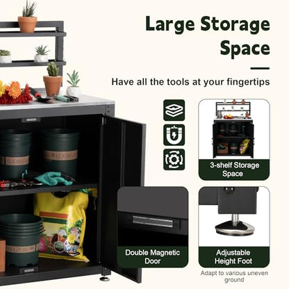 FEASTO Outdoor Potting Bench Table with Storage Cabinet - color: Black