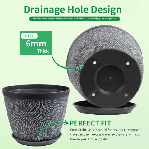 Quarut 4 Pack 8 Inch Flower Pots,Plastic Plant Pots with Drainage Hole&Tray - color: Gray, size: 8 Inch