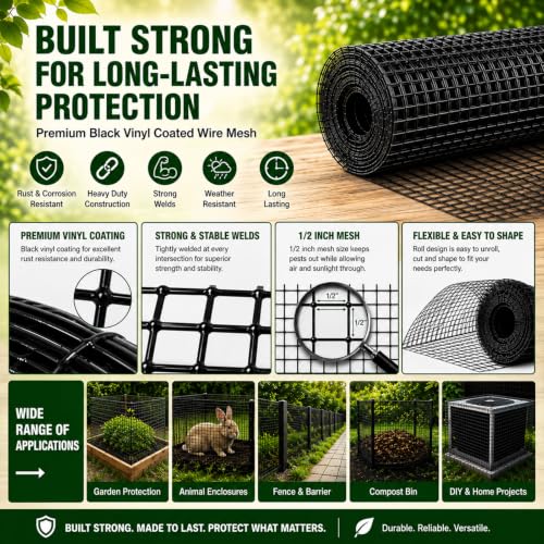 SEBOSS Black Hardware Cloth 1/2 inch Mesh Wire Fencing 48 x 50 Ft 19-Gauge - size: 1/2 inch 48''x50'