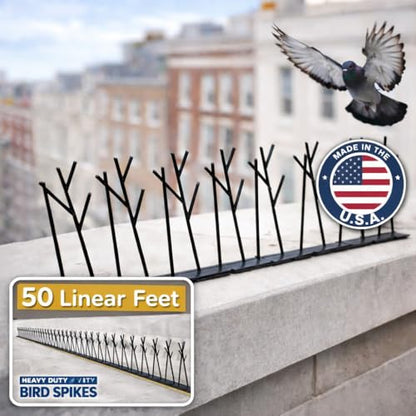 Heavy Duty Bird Spikes – Made in USA – Pigeon & Bird Deterrent for Ledges, Roofs, Fences & Window Sills – Durable Outdoor Anti-Roost Spikes – Humane Bird Control – No Glue Included (50 ft) - size: 50 ft