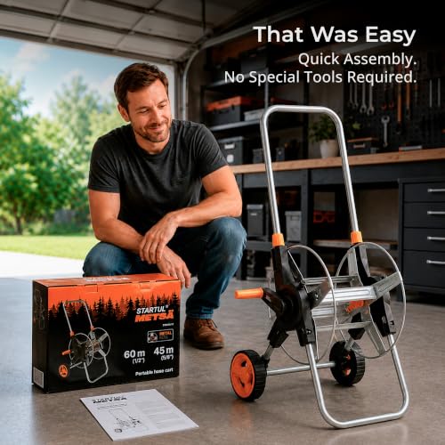 Garden Hose Reel Cart with Wheels, Hold Up to 150 ft of 5/8-inch Garden Hose, Water Hose Reel Cart with Adjustable Handle, Non-Slip Grip and Quick Hose Connectors for Garden and Backyard