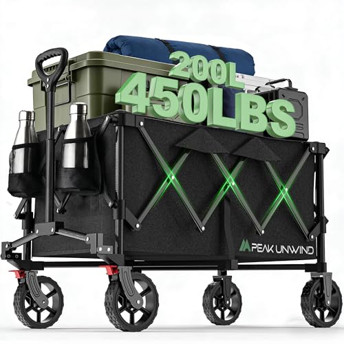 Wagons Carts Foldable,Collapsible Wagon with Wheels,450LBS Heavy Duty Beach Wagon Cart,Lightweight Portable Folding Utility Wagon Cart with Cup Holders for Camping, Garden, Sports, Grocery pcs - color: Black-200l
