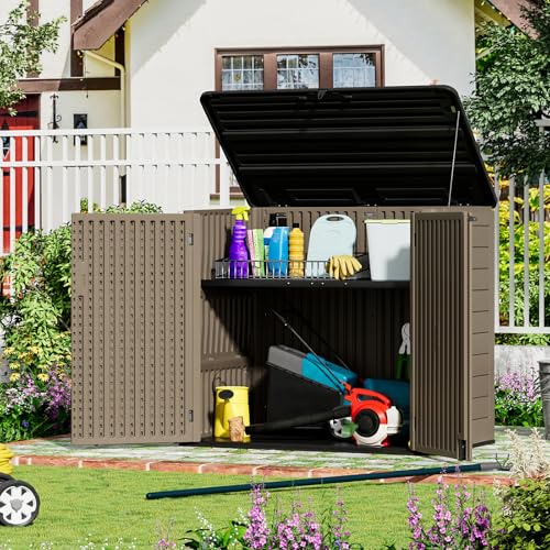 ZZM Large Outdoor Storage Shed, 48 Cu Ft Resin Versatile Storage Cabinet for Patio Accessories, Trash Cans & Garden Tools, Durable Horizontal Storage Box with Lockable Lid (Coffee) - color: Coffee-48 cu ft