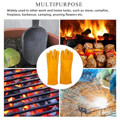 Welding Gloves,13 IN Leather Forge Fire Heat Resistant Gloves for Fireplace Fire Pit Wood Stove BBQ Gardening Gear Animal Handling