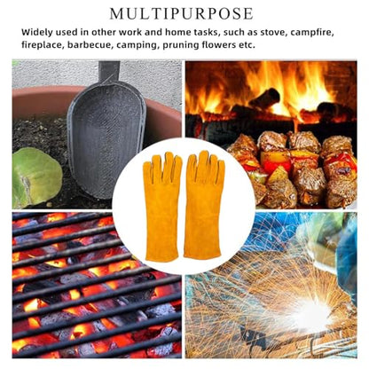 Welding Gloves,13 IN Leather Forge Fire Heat Resistant Gloves for Fireplace Fire Pit Wood Stove BBQ Gardening Gear Animal Handling