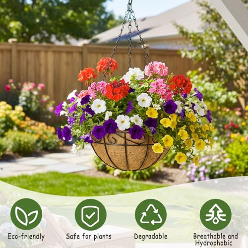 14 Inch Hanging Planters (4 Pack) - Round Metal Baskets with Cocoa Liners for Indoor/Outdoor Gardens, Porch & Patio Decor（HB） - color: Flower, size: 14inch