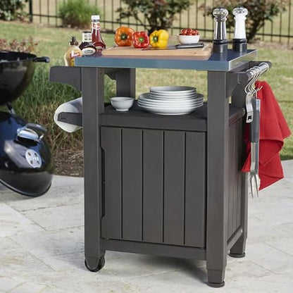 Keter Unity Outdoor Grill Prep Table & Serving Cart, 40 Gal, Brown
