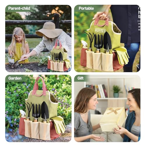 APSARAS USA Gardening Tools, Garden Tool Set, 10 Pieces Heavy Duty Sturdy Steel Gardening Tool Set with 600D Oxford Cloth Storage Tote Bag, Durable Supplies Kit Perfect Garden Gifts for Father - style: Wood Handle and Sturdy Steel