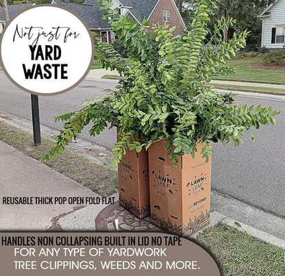 Lawn Leaf Box-Replaces Paper Bags. Heavy Duty Waste Container Weather Puncture Resistant Reusable 30 Gallon Takes Sticks No Rips Folds Flat Built In Lid-Ventilation Slots-American Made Patented