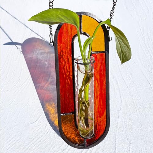 LITMIND Transparent Stained Glass Propagation Station - Handcrafted Suncatcher Hanging Planter with 2 Glass Tubes, Multi-Color Hydroponic Wall Décor for Windows, Home & Garden - color: Style C07 (Red Horizon)