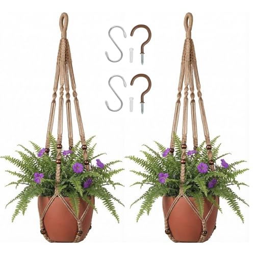 Macrame Plant Hanger 35", Set of 2 No Tassel Hanging Plant Holder, Sturdy Flower Pot Holder with 4 Hooks - Brown - color: Brown, size: 35"-2pcs