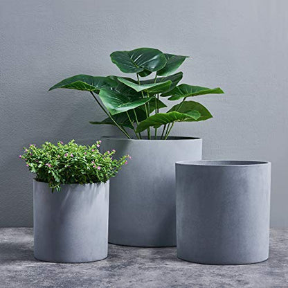 FaithLand 10 Inch Fiberstone Planter - Lightweight Modern Cylinder Plant Pot with Drainage Hole & Plug, Authentic Concrete Look, Gray - color: Gray, size: 10 inch