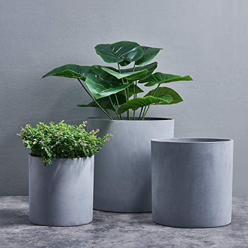 FaithLand 10 Inch Fiberstone Planter - Lightweight Modern Cylinder Plant Pot with Drainage Hole & Plug, Authentic Concrete Look, Gray - color: Gray, size: 10 inch