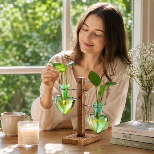 Nacome Plant Terrarium Propagation Stations: Green Vase with Wooden Stand - color: Green