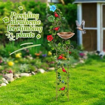Metal Bird Bath with Trellis for Outside, 57” Height Birdbaths & Supports, Small Garden Decorative Trellises for Climbing Flowers Outdoor (Redbird) - style: Redbird