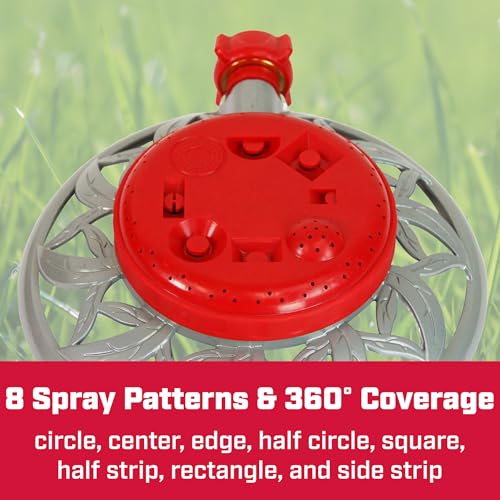 Chapin 4998: 8-Pattern Metal Circle Sprinkler, 360 Degree Sprinkler Head for Small Gardens and Lawns, Up to 40 ft Coverage Area, Lawn Sprinkler, Small Area Yards and Garden Watering, Red/Silver