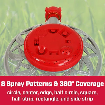 Chapin 4998: 8-Pattern Metal Circle Sprinkler, 360 Degree Sprinkler Head for Small Gardens and Lawns, Up to 40 ft Coverage Area, Lawn Sprinkler, Small Area Yards and Garden Watering, Red/Silver