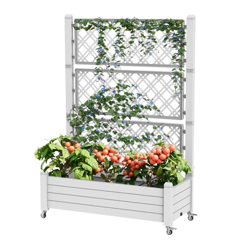 Elevated Raised Garden Bed with Trellis,Outdoor Large Resin Patio Planter Box Stand Divisible with Drain Plug,Water Monitor for Plants Vegetables Flowers Fruits (Ashen, 43.43 * 18.27 * 64.29) - color: Ashen, size: 43.43*18.27*64.29