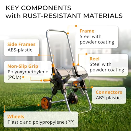 Garden Hose Reel Cart with Wheels, Hold Up to 150 ft of 5/8-inch Garden Hose, Water Hose Reel Cart with Adjustable Handle, Non-Slip Grip and Quick Hose Connectors for Garden and Backyard