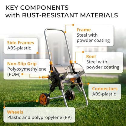 Garden Hose Reel Cart with Wheels, Hold Up to 150 ft of 5/8-inch Garden Hose, Water Hose Reel Cart with Adjustable Handle, Non-Slip Grip and Quick Hose Connectors for Garden and Backyard