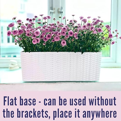 LaLaGreen Outdoor Rail Planter for Balcony (20 Inch, 2 Pack) Large White Self Watering Railing Planters with Brackets, Rectangular Plastic Fence Modern Window Boxes Designer Choice with Rattan Pattern - color: White X 2