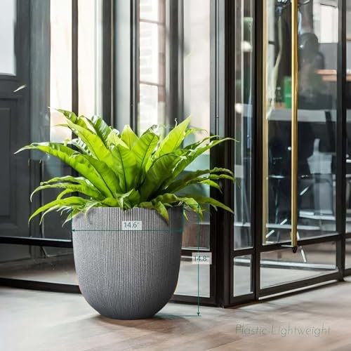 14.8"H Tall Tapered Ribbed Large Plastic Planter w/ Drainage Hole & Plug - color: Mediterranean Gray., size: 14.8in