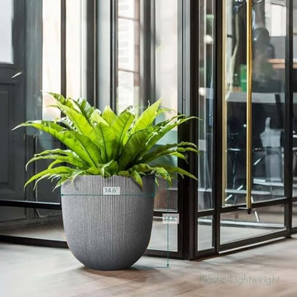 14.8"H Tall Tapered Ribbed Large Plastic Planter w/ Drainage Hole & Plug - color: Mediterranean Gray., size: 14.8in