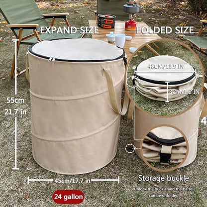 Pop up Camping Trash can with lid,Collapsible 24 Gallons Trash can with Sorting Clips,Garden Garbage Bag with Lid,Lawn and Leaf Bags - Reusable Yard Waste Bags (Beige Coffee) - color: beige coffee