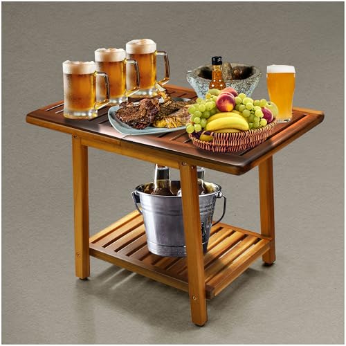 ENKEZI Acacia 24 Inches Outdoor Side Table, 2-Tier Sturdy Patio, End Table Weather Resistant, Strong Stability Side Table for Patio, Pool, Porch, Teak Finish (Large)