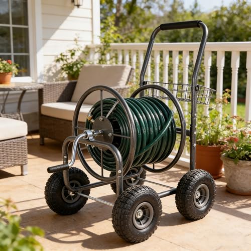 Heavy Duty Garden Hose Reel Cart on Wheels - Portable 4-Wheel Water Hose Holder with Storage Basket, Rust Resistant Outdoor Hose Reel for Easy Watering