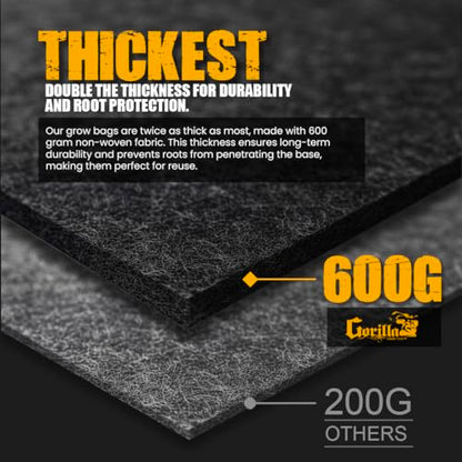 Gorilla 10 Gallon Grow Bags with Reinforced Handles – Thickest 600g, Breathable, BPA-Free Fabric Pot for Garden or Outdoor Planter Use, Promotes Root Health & Drainage – 4-Pack - size: 10 Gallon