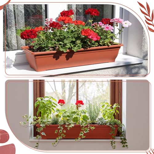 Briwooody 4 Pcs 31.5 Inch Extra Large Window Planter Outdoor with Drainage Holes Rectangle Plastic Window Flower Planter Box for Patio Home Decor, Brick Red